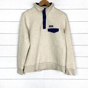 PATAGONIA Organic Cotton Quilt Snap T Pullover Cream Navy Blue Large